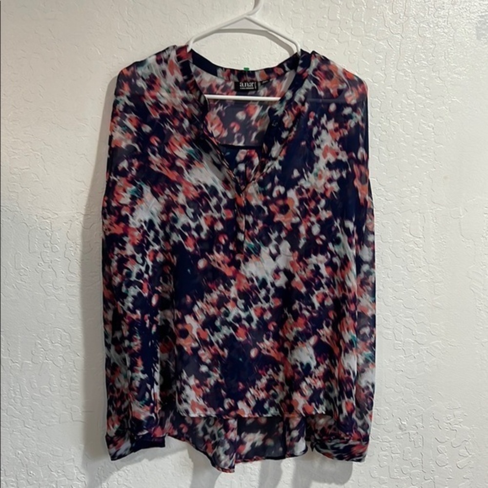 a.n.a Blue and Pink Long Sleeve V-Neck Relaxed Blouse